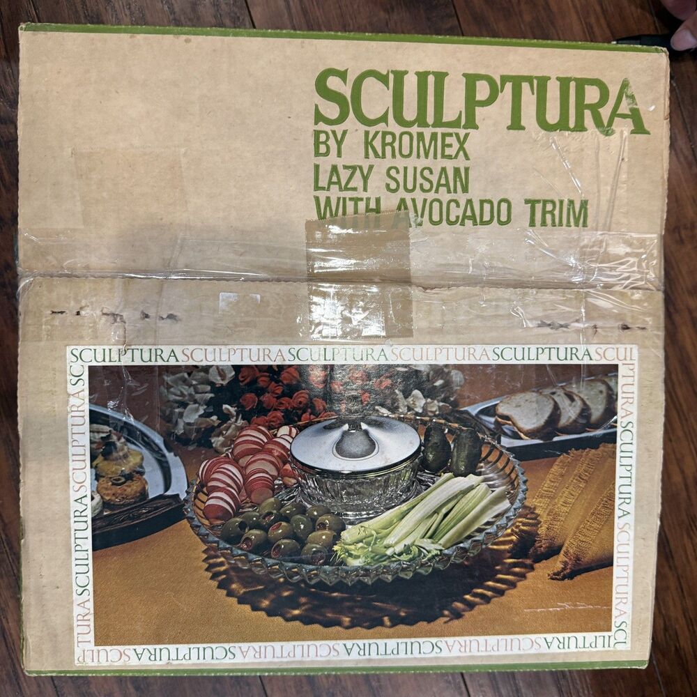 Vtg Kromex Sculptura Lazy Susan w Avocado Trim Chrome Lid Turntable in Box, A2